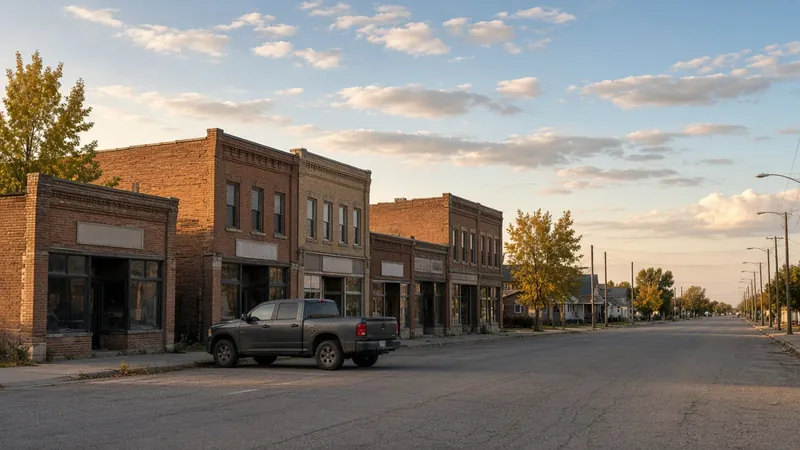 Quiet prairie main street with storefronts under a wide sky